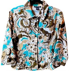 Gaudy Couture Size Large Turquoise/Brown Sequined & Button Front Denim Jacket
